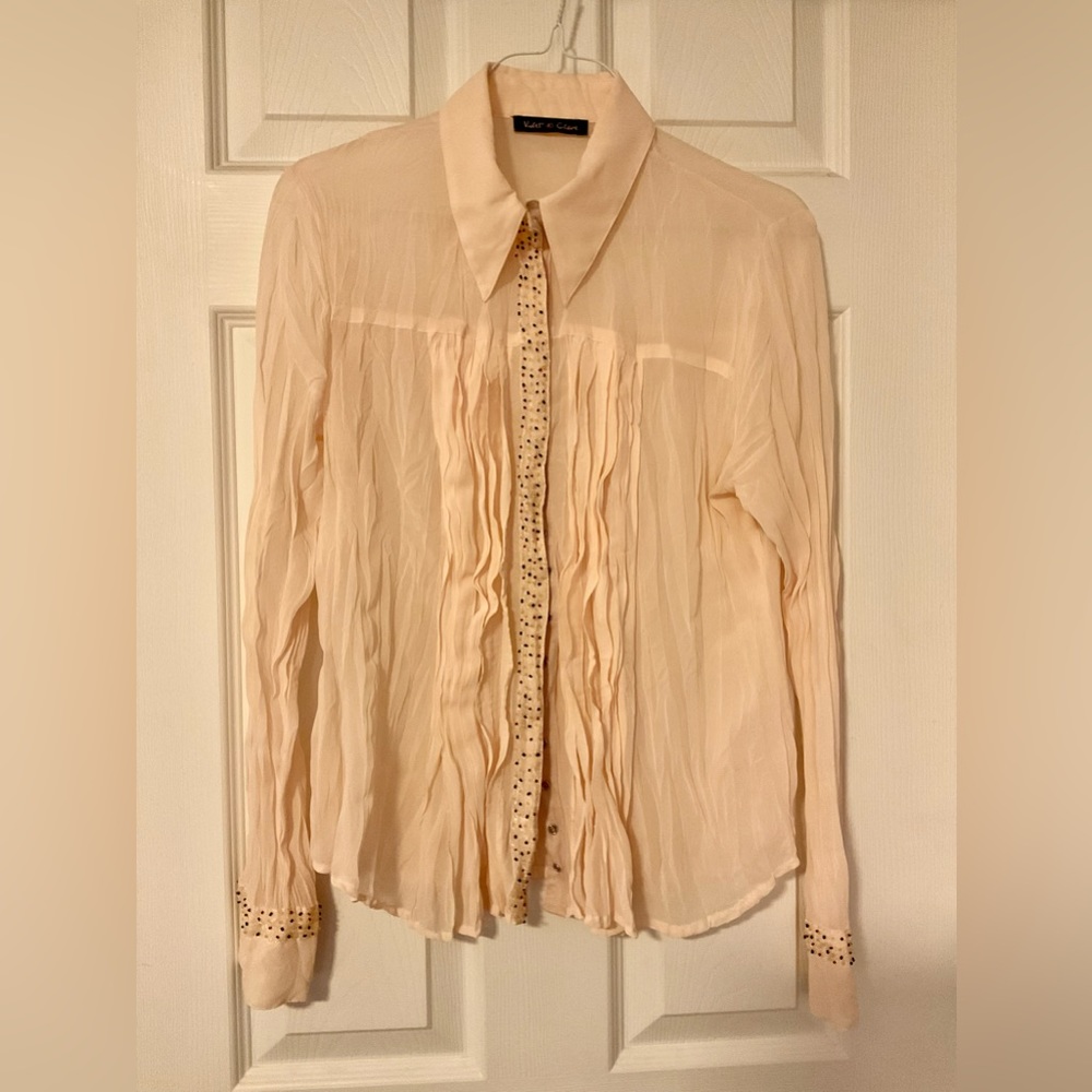 Sheer gathered crinkly shirt tiny beaded accents on shirt S